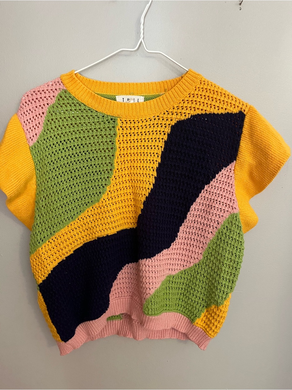 THML Colorblock Crochet Knit Sweater in Yellow, Pink, Green, Navy
